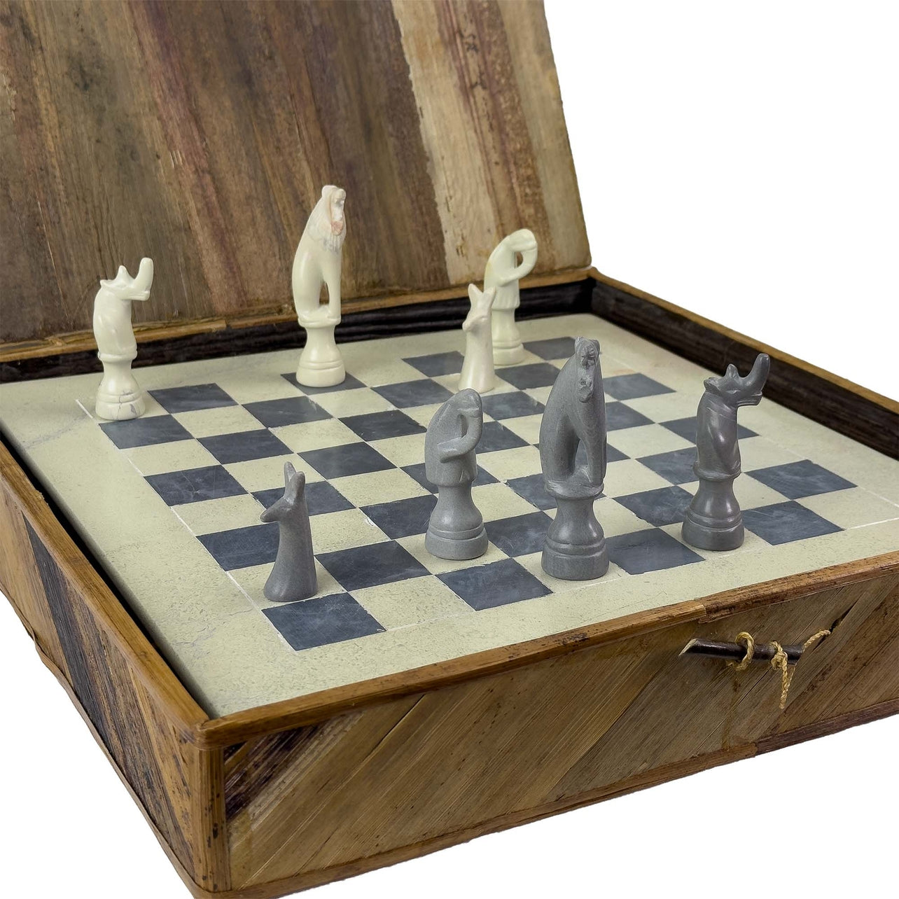 Hand-Carved Soapstone Chess Set in Box - Safari Animal - Grey