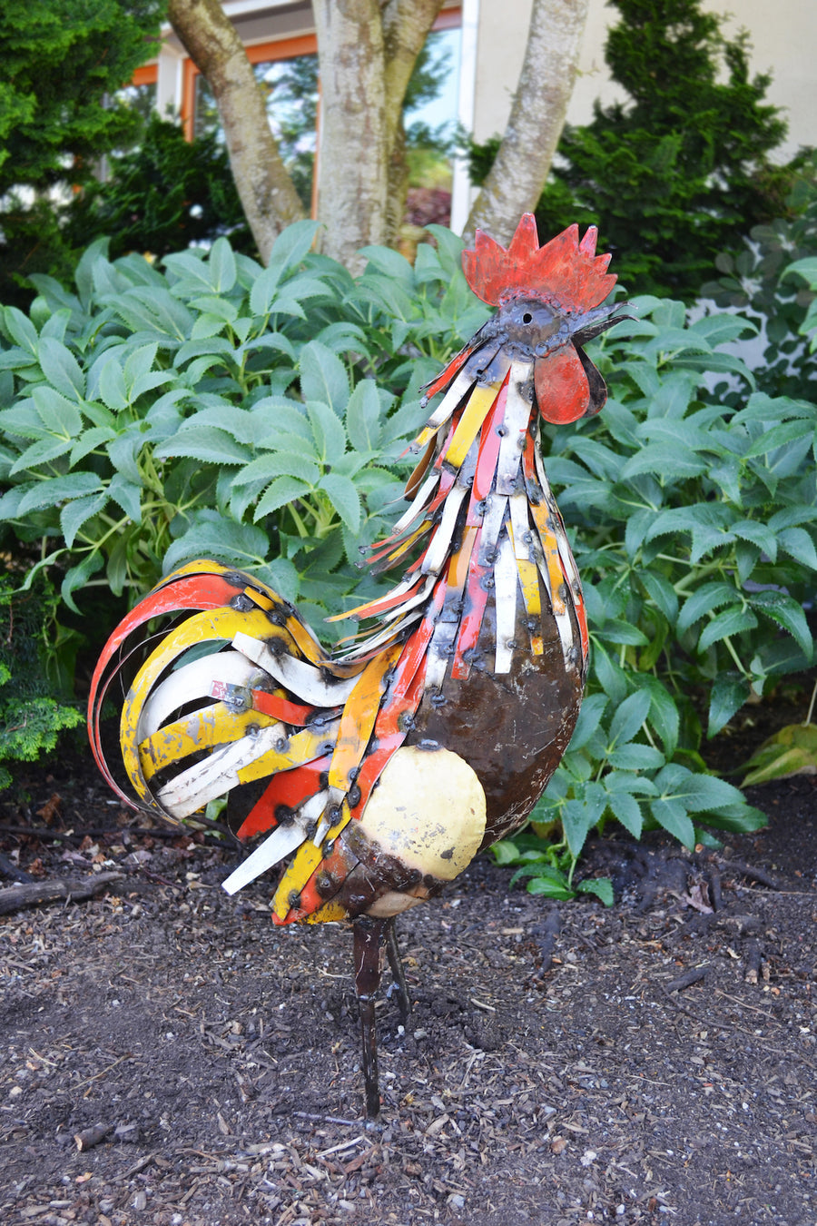 Red & Yellow Recycled Metal Sunrise Rooster Sculpture