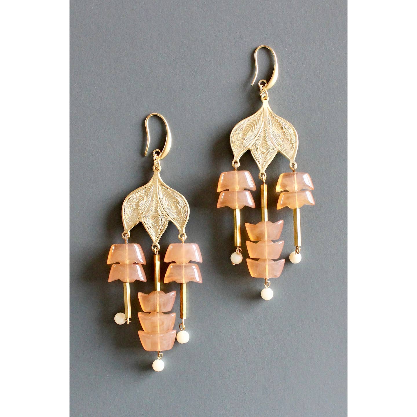 Peach Glass and Gold Plate Chandelier Earrings