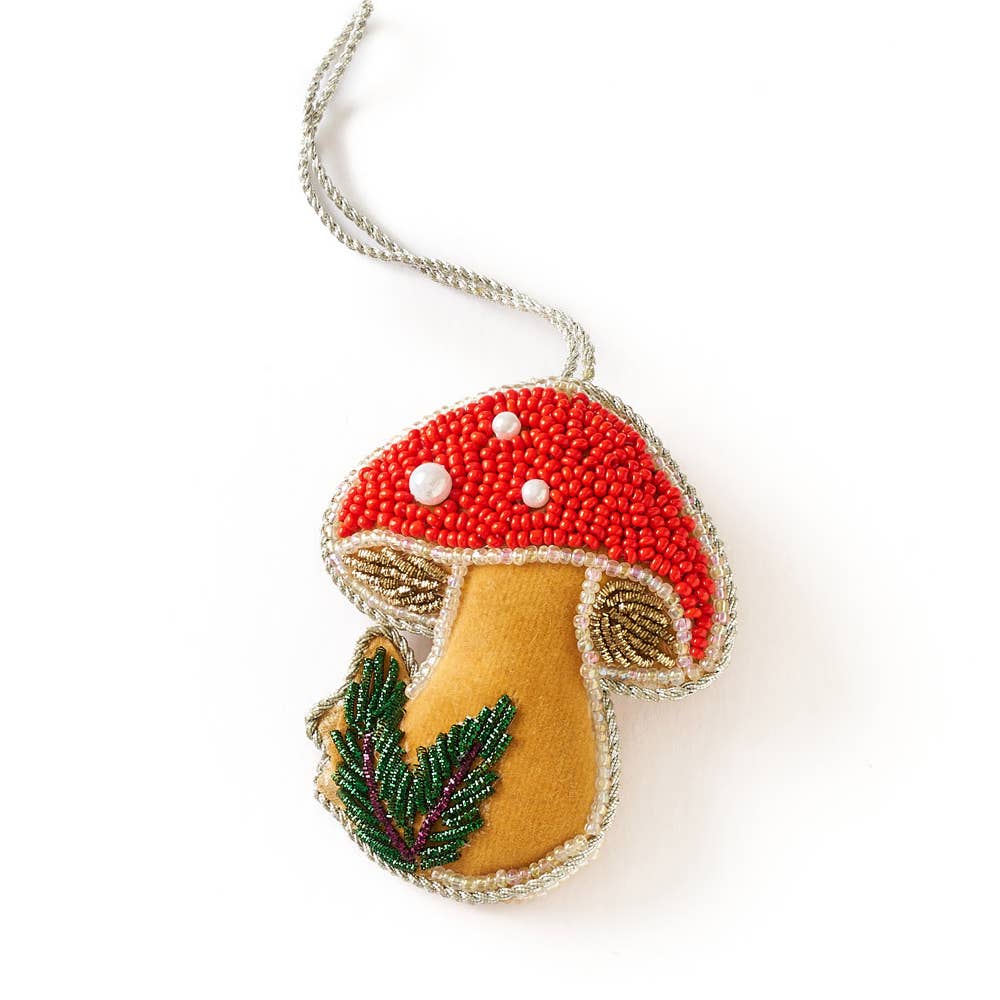 Larissa Plush Mushroom Beaded Felt Ornament - Embroidered