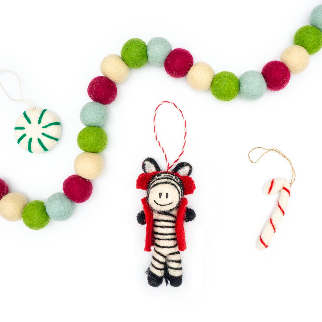 Felt Wool Holiday Zebra Ornament - Red Earmuffs Zebra