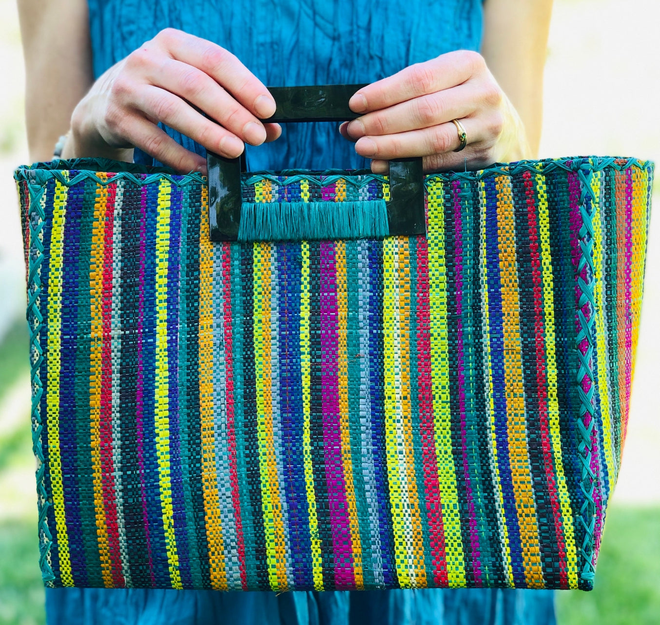 Stevie Square Straw Handbag with Horn Handles and Tassel in Turquoise Stripes