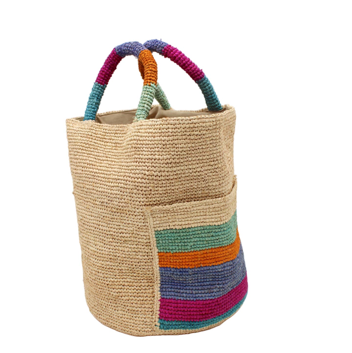 Milos Stripes Crochet Straw Basket Handbag with Pockets