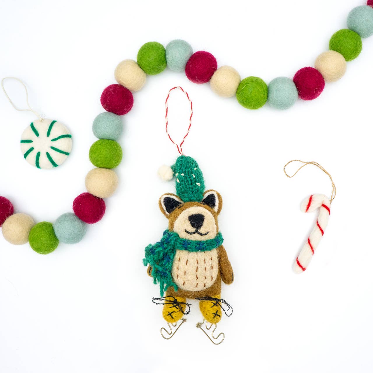 Felt Wool Holiday Eco Ornament - Brown Bear On Skates