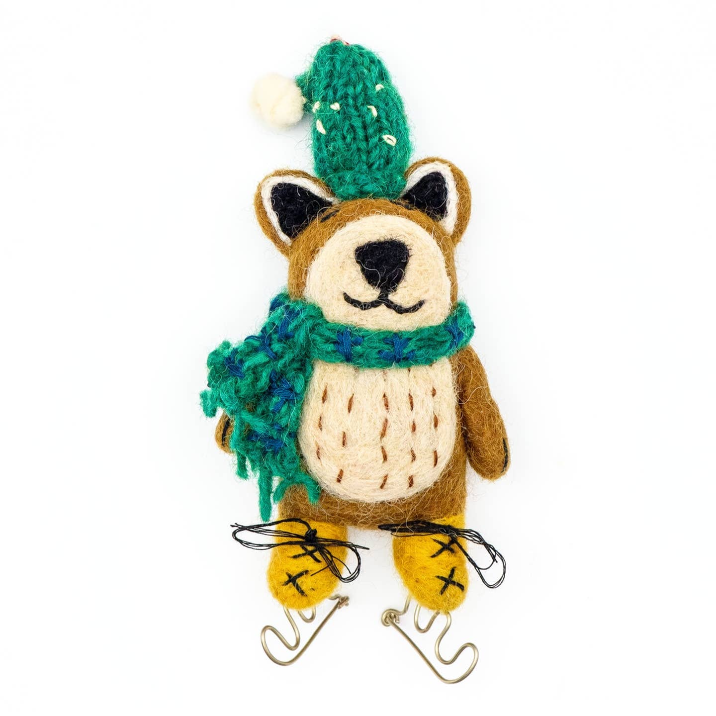 Felt Wool Holiday Eco Ornament - Brown Bear On Skates
