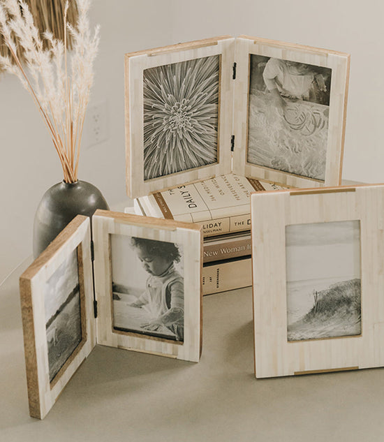 Mukhendu 4x6 Double Picture Frame - Carved Bone, Brass Accent