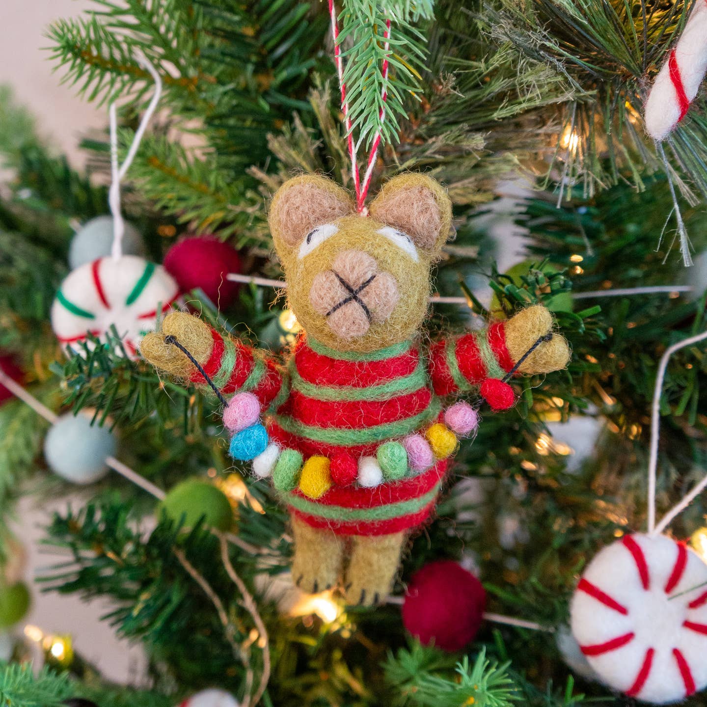 Felt Wool Ornament - Wild Cat With Holiday Lights