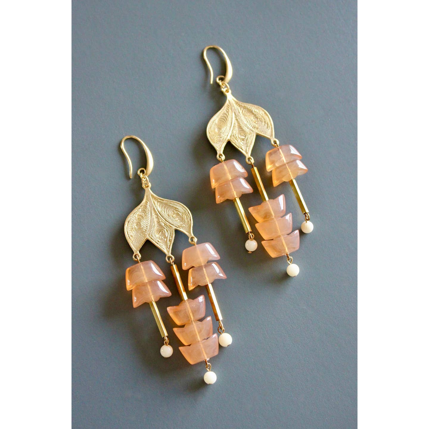 Peach Glass and Gold Plate Chandelier Earrings