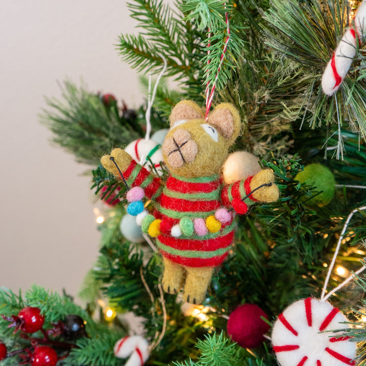 Felt Wool Ornament - Wild Cat With Holiday Lights