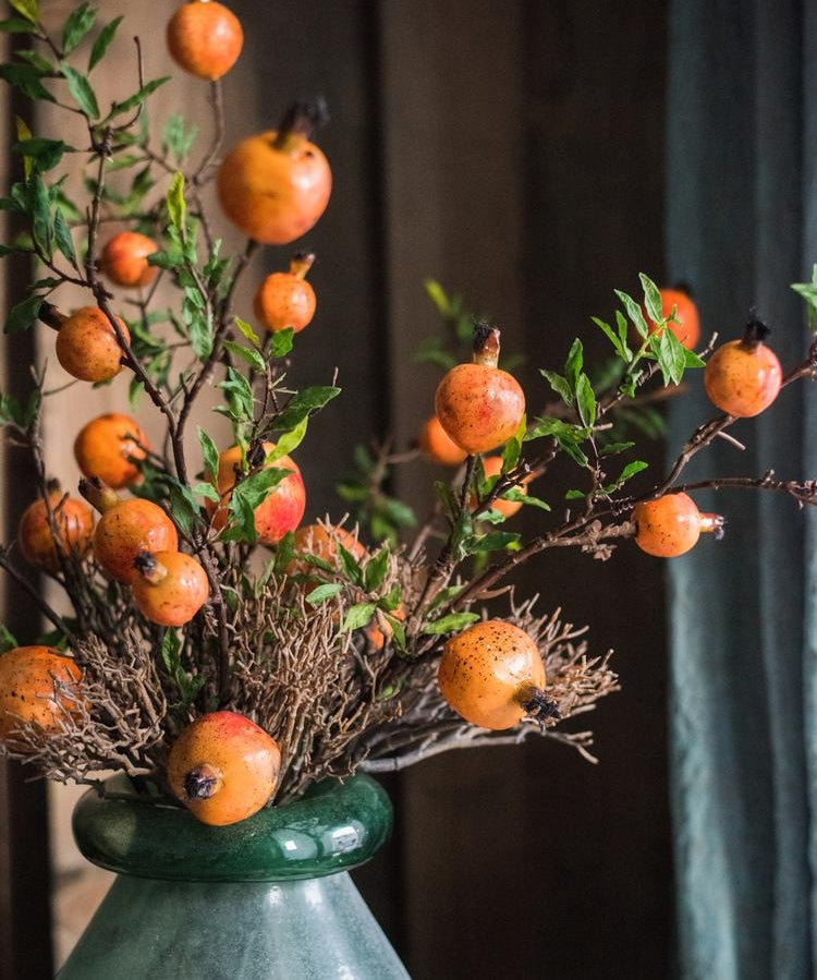 Artificial Fruit Yellow Orange Pomegranate Fruit Stem 36"