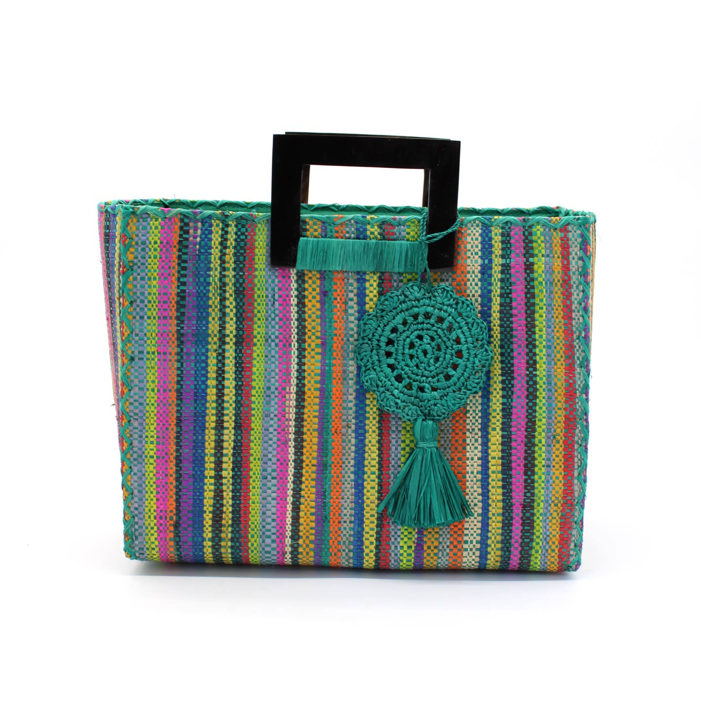 Stevie Square Straw Handbag with Horn Handles and Tassel in Turquoise Stripes
