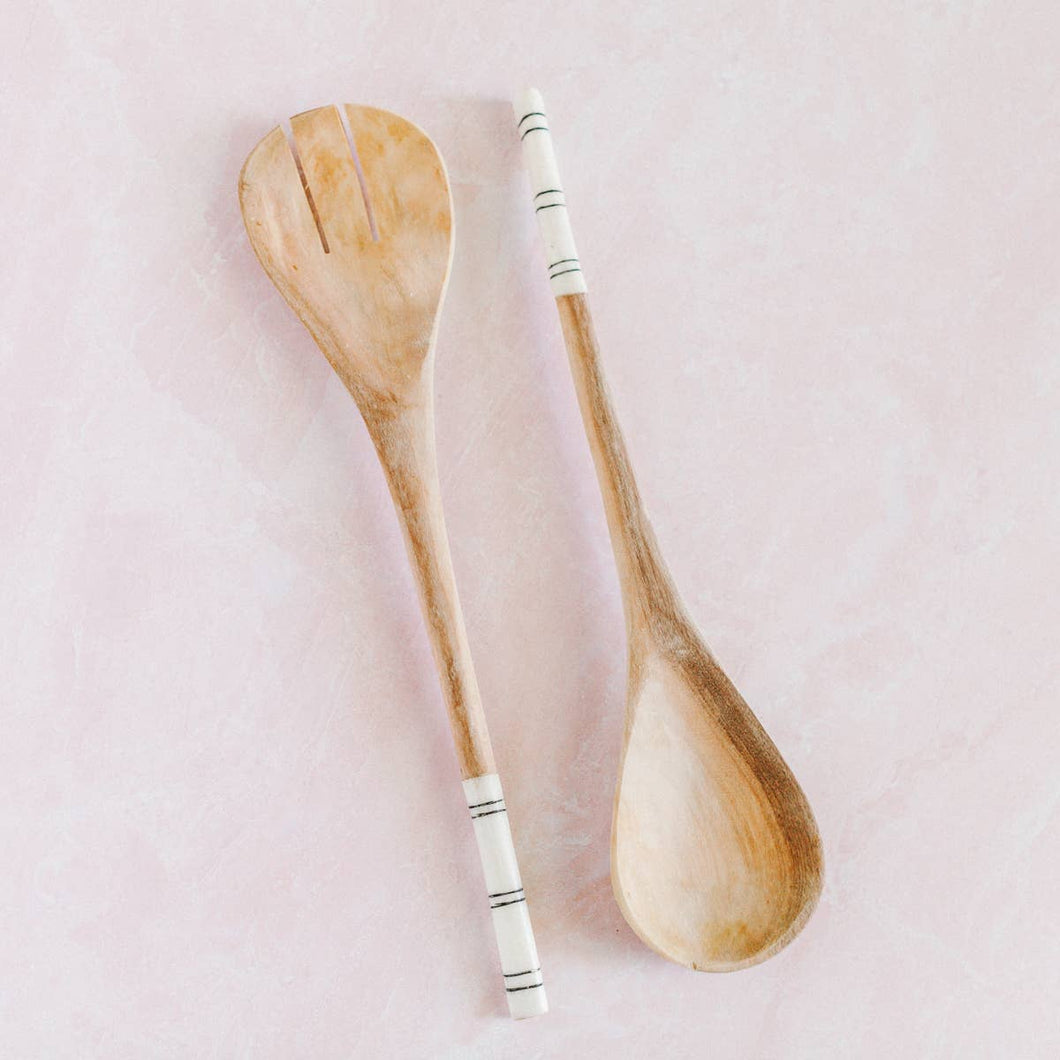 Striped Olive Wood Salad Servers