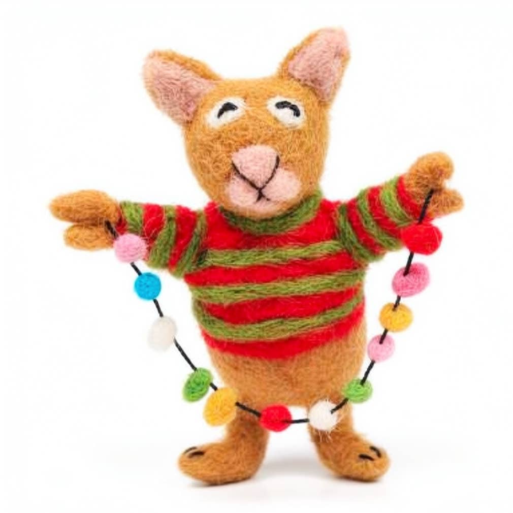 Felt Wool Ornament - Wild Cat With Holiday Lights