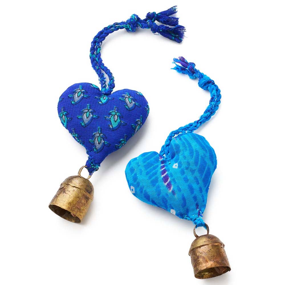 Upcycled Sari Heart & Mini Bell Hanging Ornament