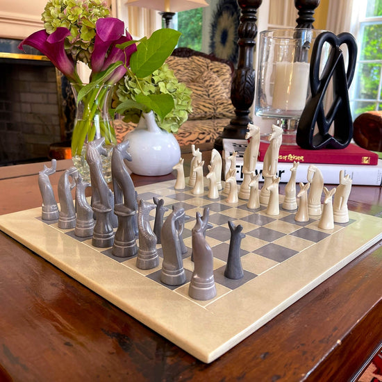 Hand-Carved Soapstone Chess Set in Box - Safari Animal - Grey
