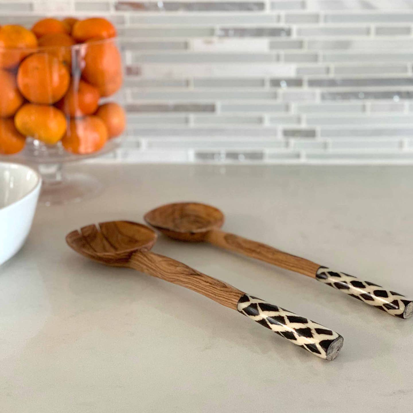 Olive Wood Serving Set, Diamond Batik Handles