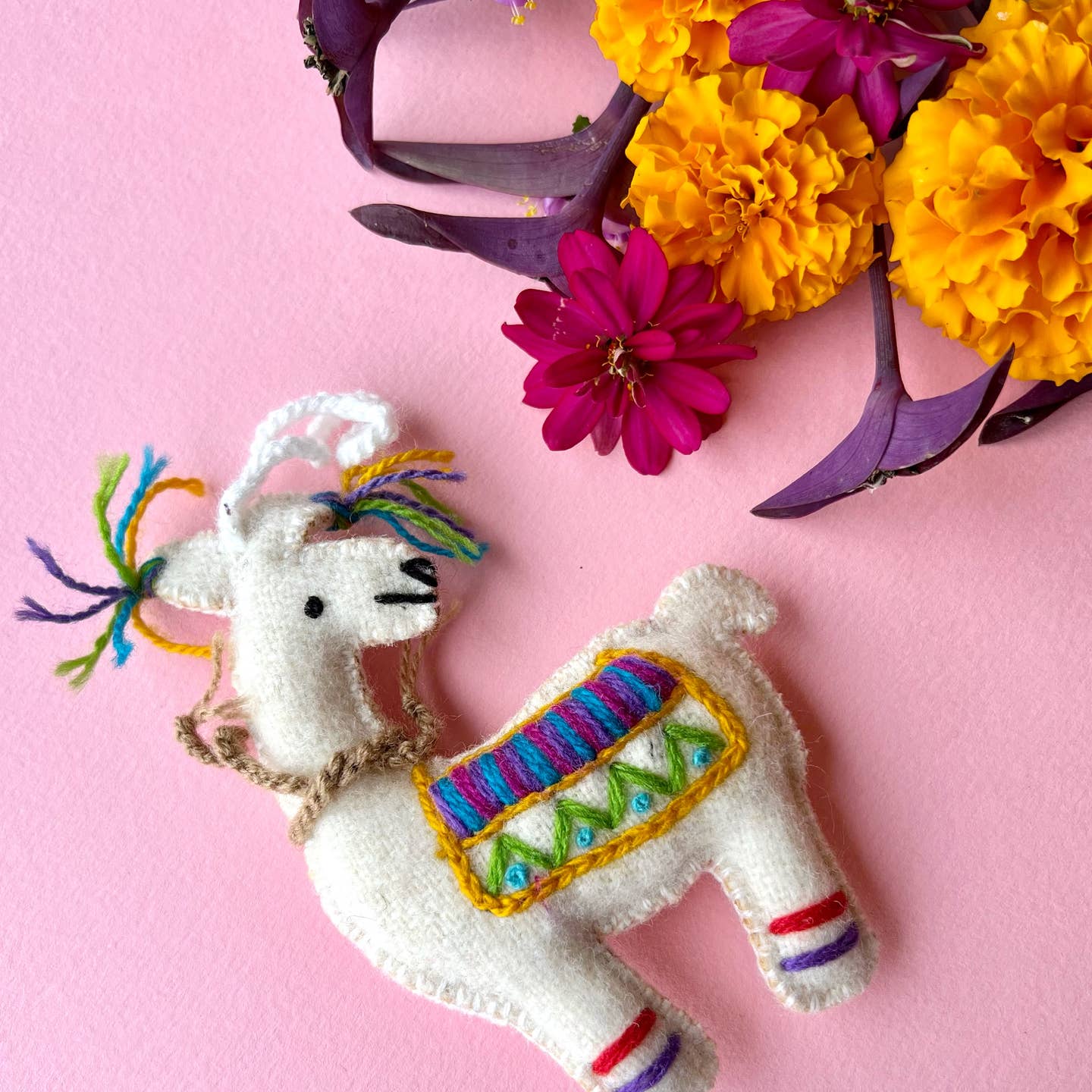 Colorful Llama Embroidered Wool Christmas Ornament
