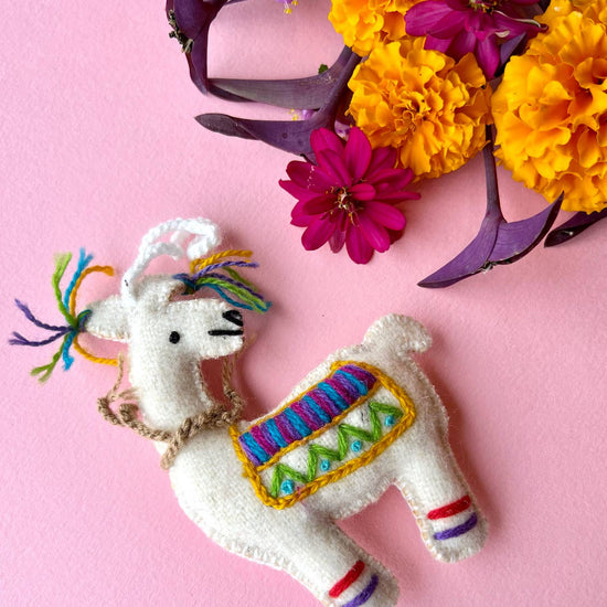 Colorful Llama Embroidered Wool Christmas Ornament