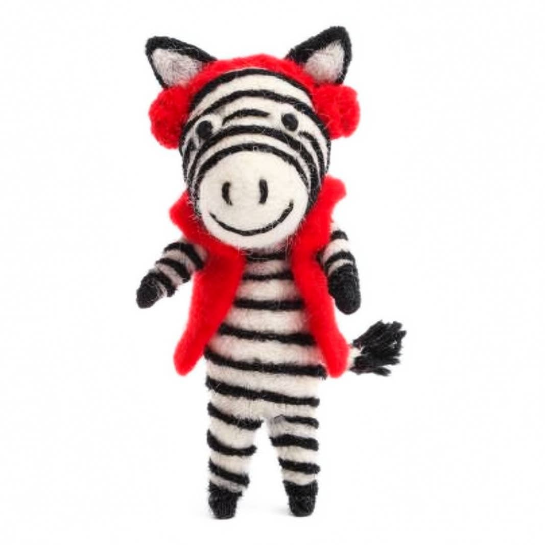 Felt Wool Holiday Zebra Ornament - Red Earmuffs Zebra