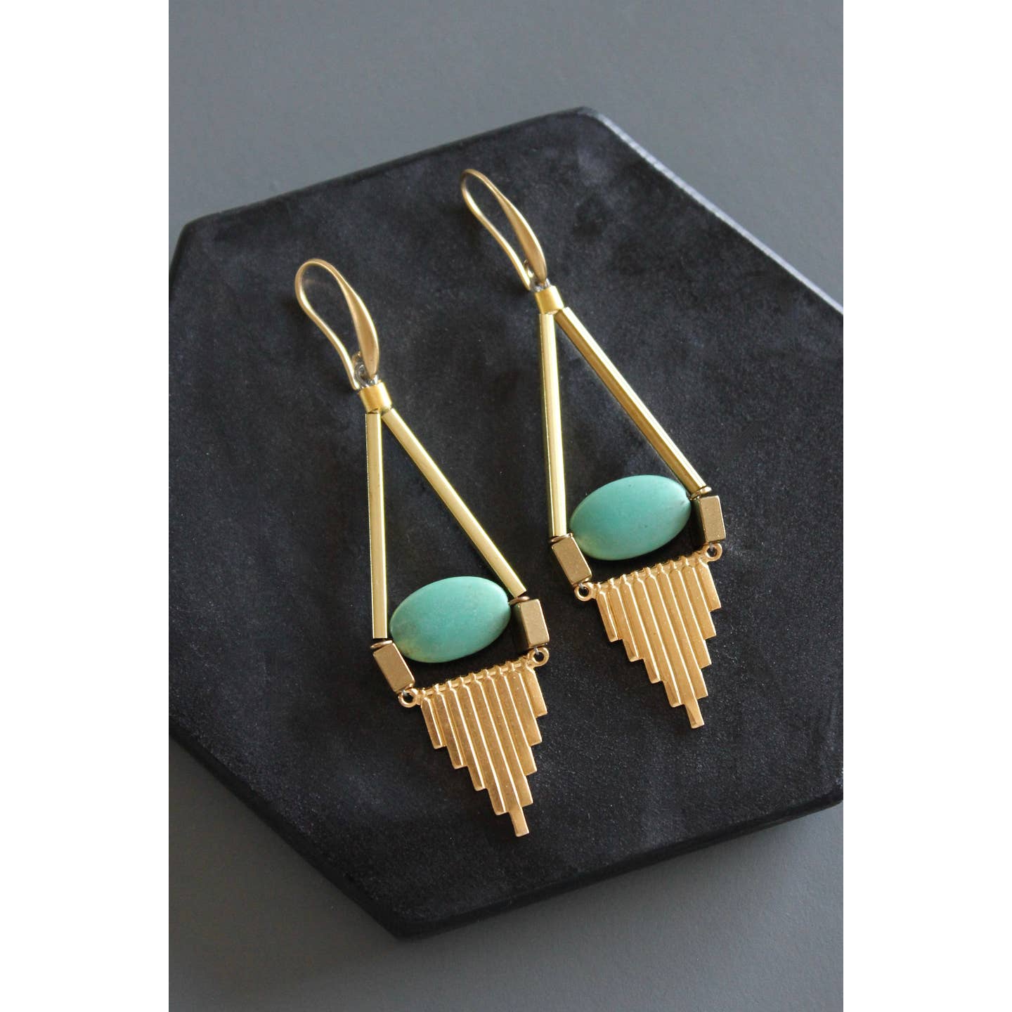 Turquoise and Brass Artdeco Earrings