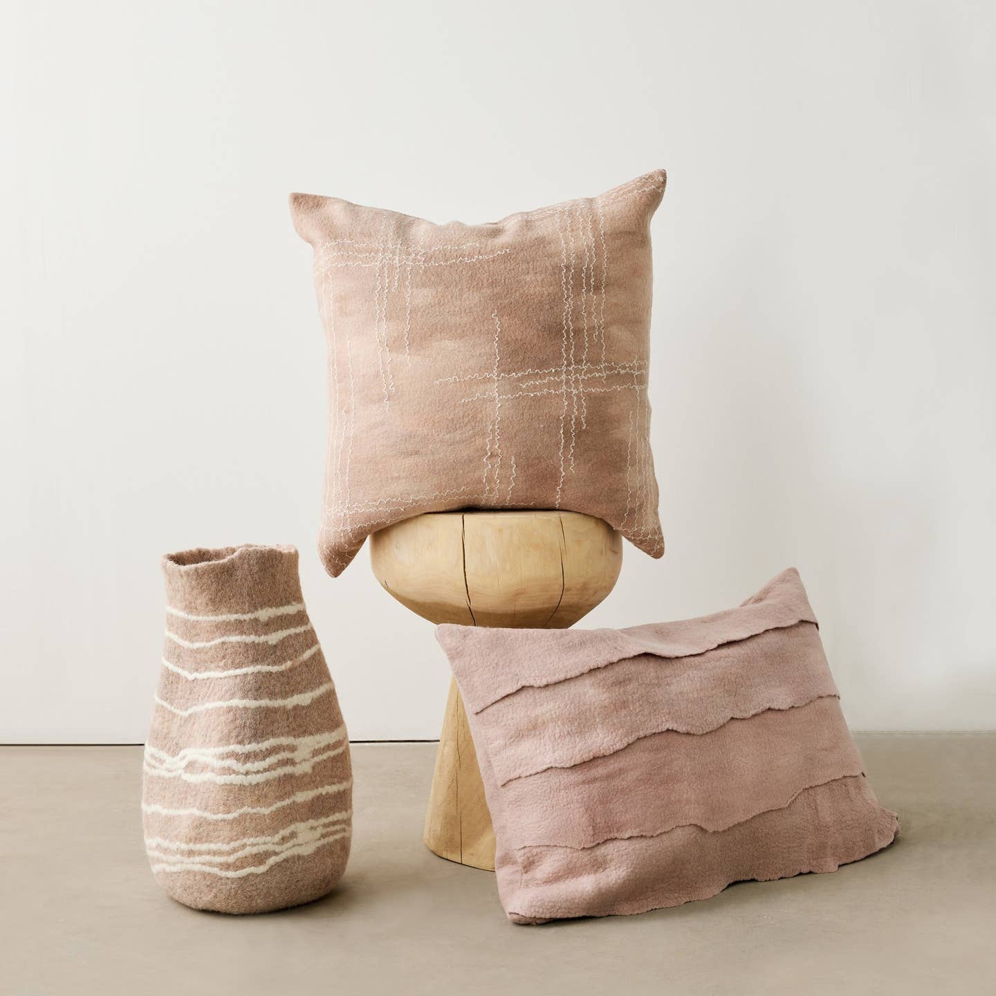 Tribal Lines Dusty Rose Pink Wool Gourd Basket