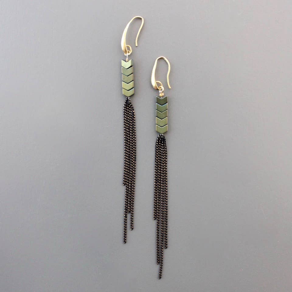 Green Hematite & Chain Fringe Duster Earrings