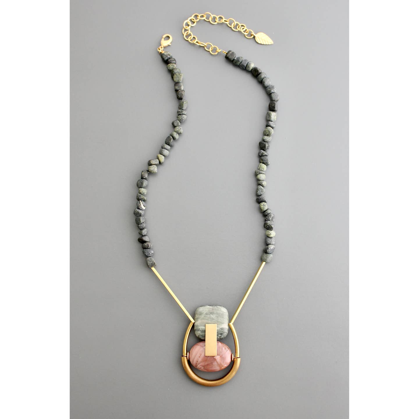 Serpentine and Jasper Necklace with Brass Detail