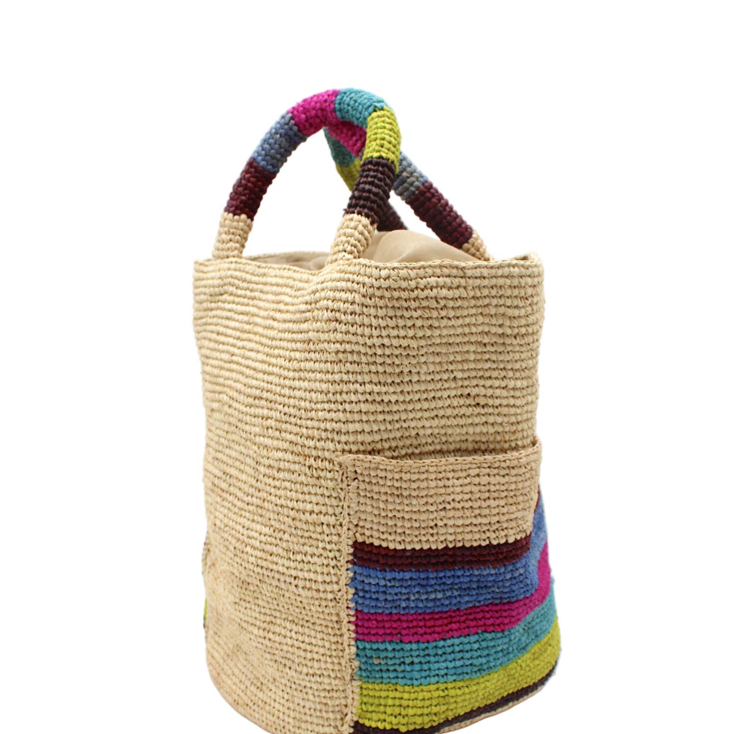 Milos Stripes Crochet Straw Basket Handbag with Pockets