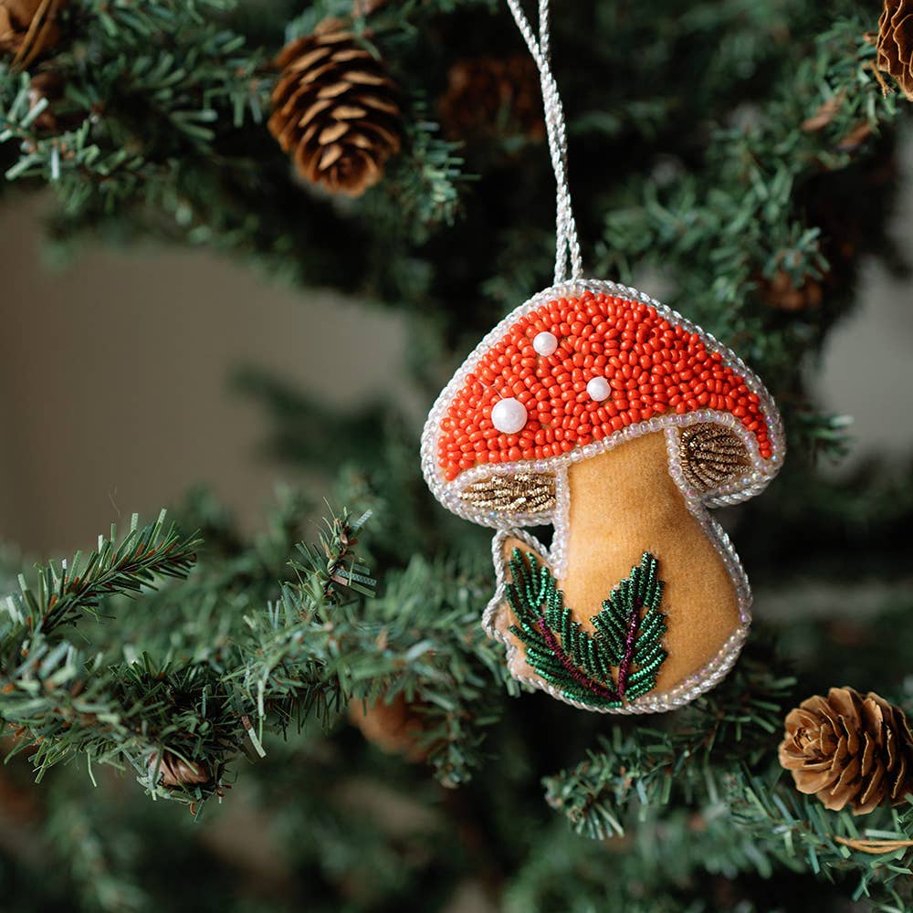 Larissa Plush Mushroom Beaded Felt Ornament - Embroidered