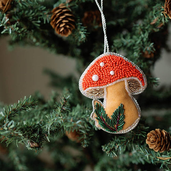Larissa Plush Mushroom Beaded Felt Ornament - Embroidered