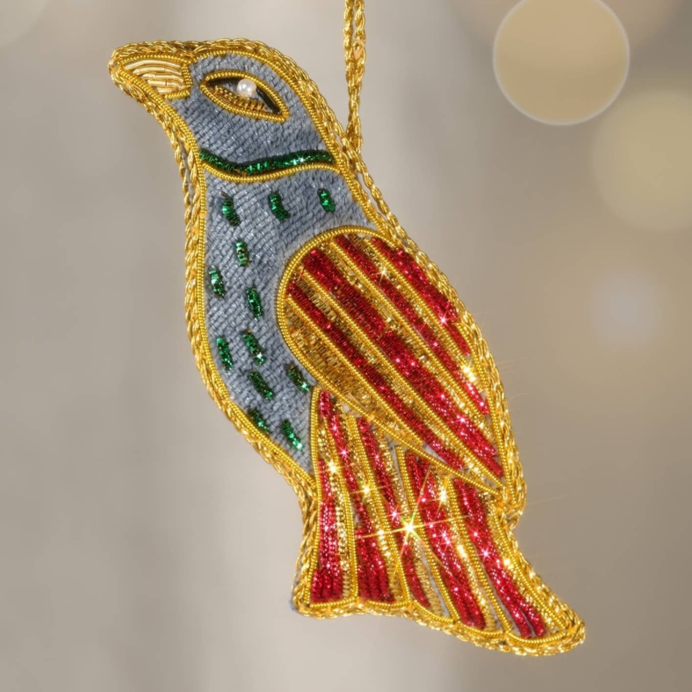 Kalyani Flocked Bird Ornament - Striped Wing