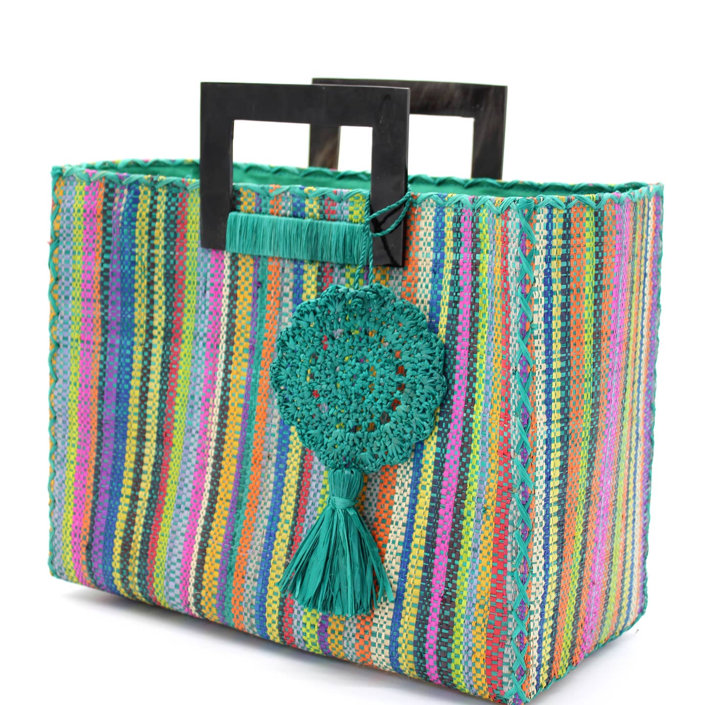 Stevie Square Straw Handbag with Horn Handles and Tassel in Turquoise Stripes