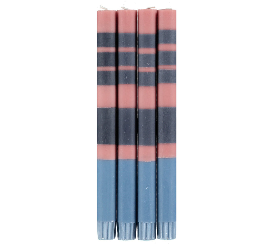 Striped Old Rose, Indigo & Pompadour Dinner Candles, Gift Box Of 4