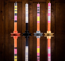 Load image into Gallery viewer, Multiple Striped Orange Flame, Willow &amp; Neyron Rose Eco Dinner Tapers, Gift Box Of 4
