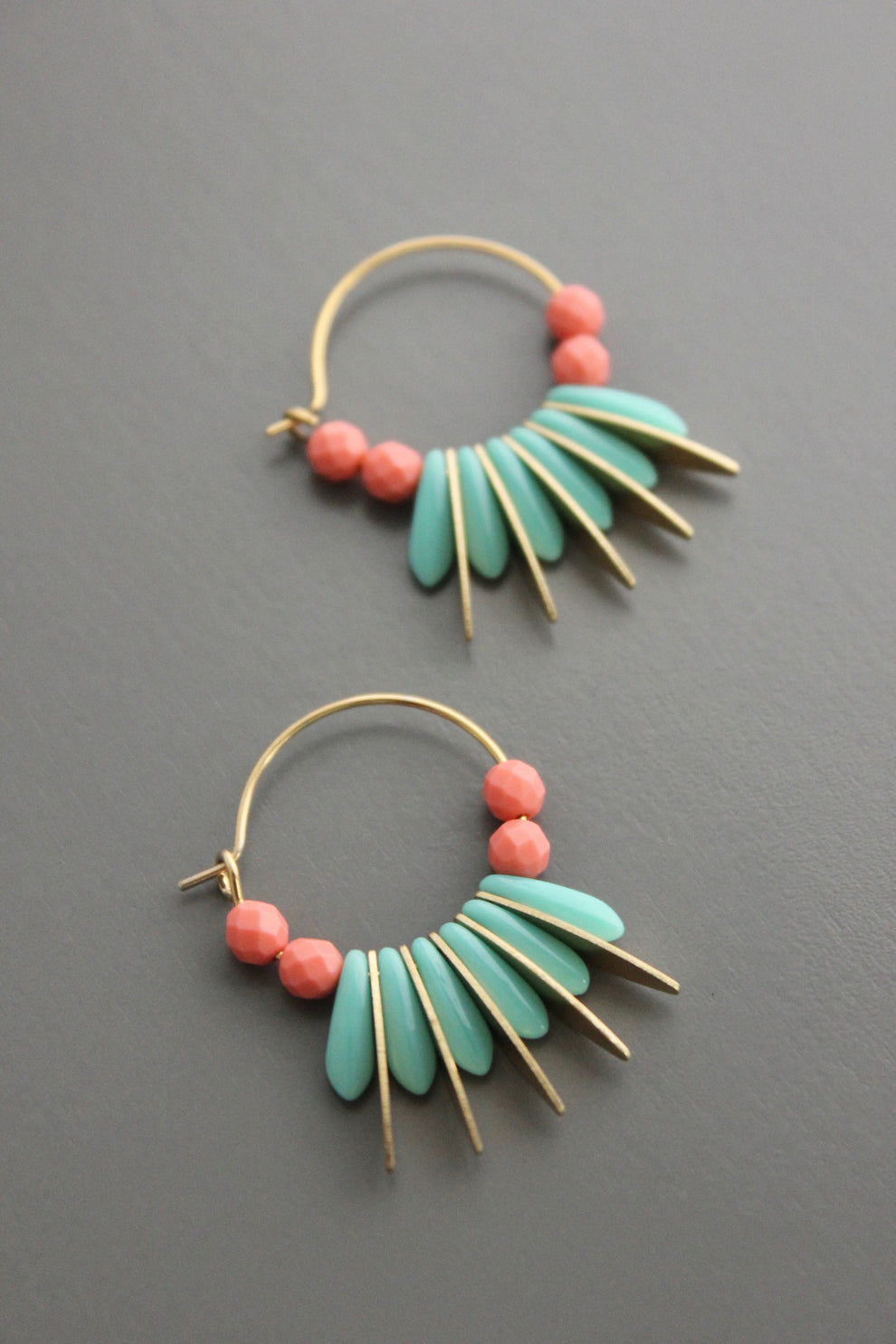 Turquoise & Coral Glass Small Hoop Earrings