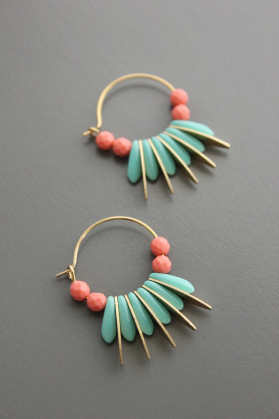 Turquoise & Coral Glass Small Hoop Earrings