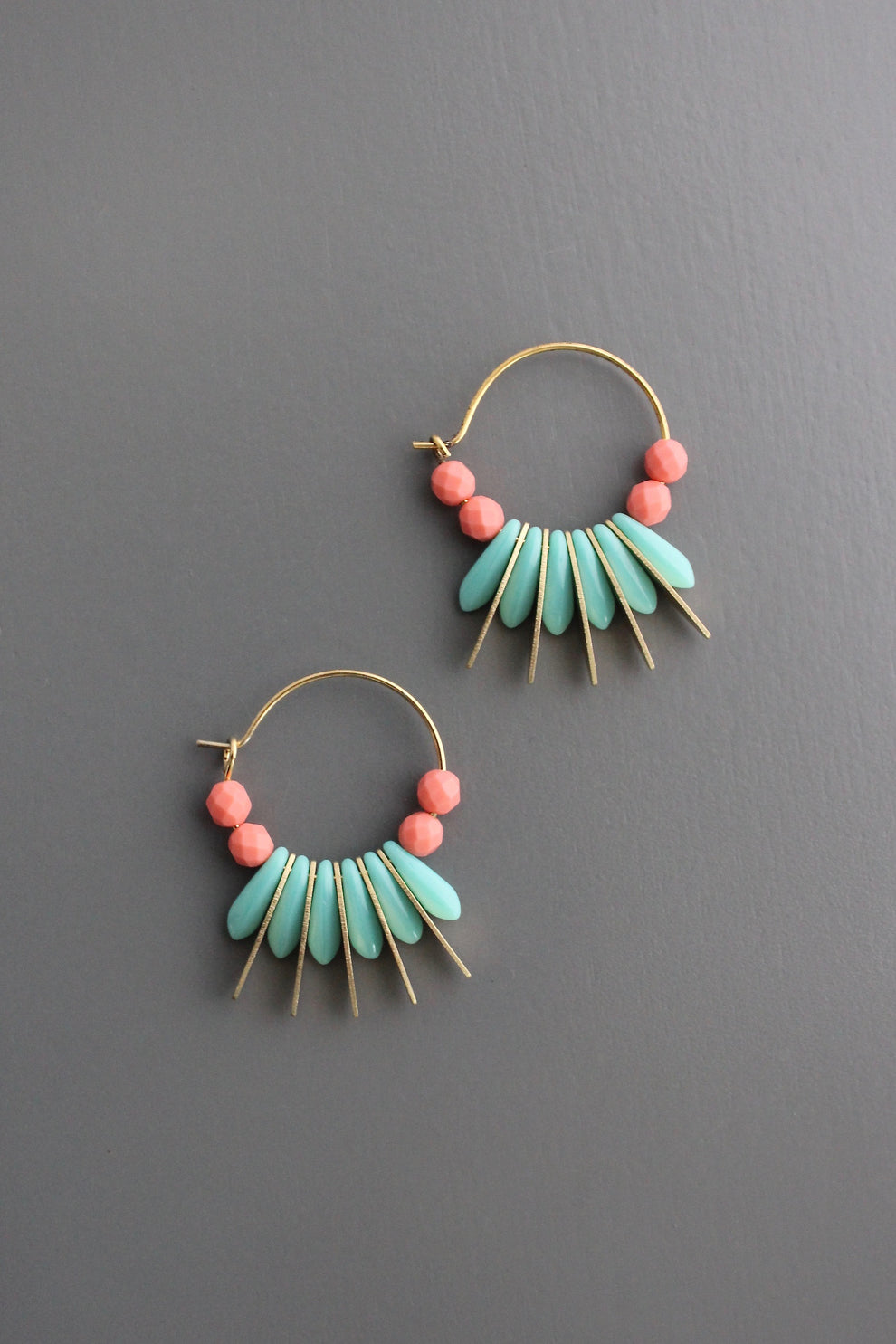 Turquoise & Coral Glass Small Hoop Earrings