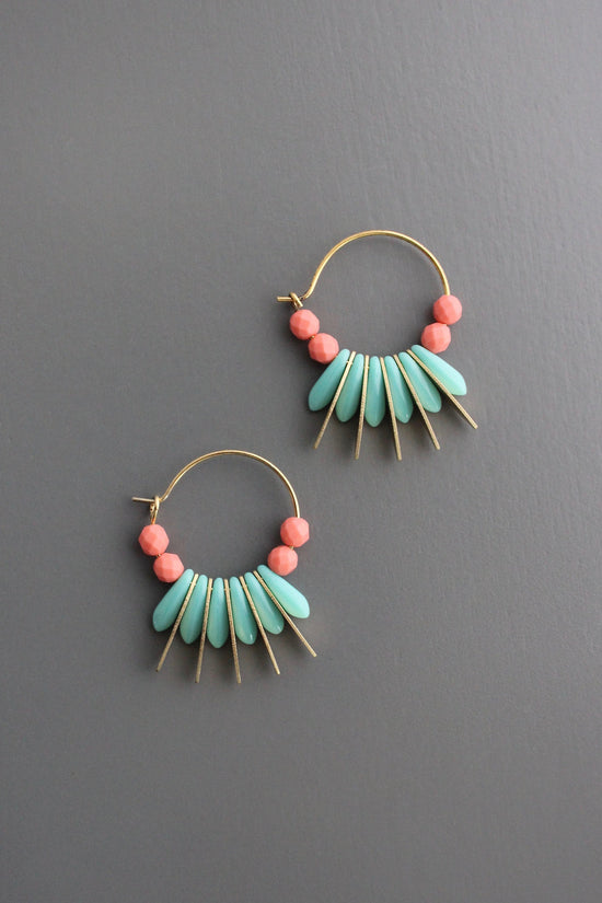 Turquoise & Coral Glass Small Hoop Earrings