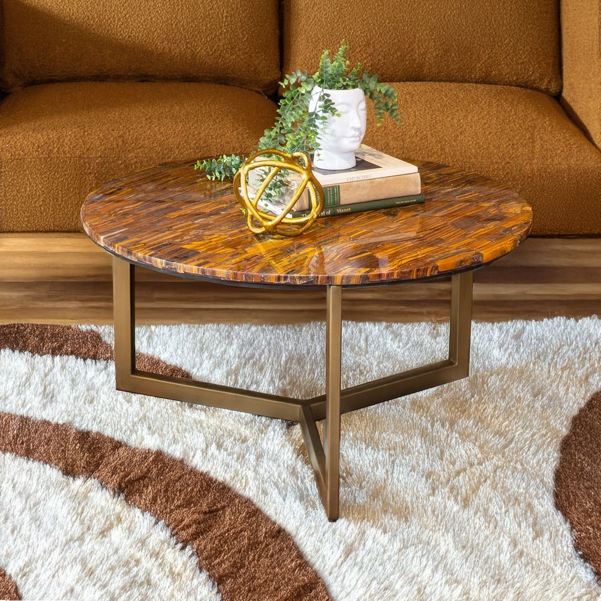 Calico 36" Coffee Table in Tiger Eye with Antique Gold Base