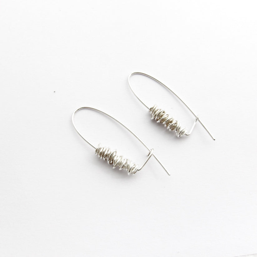 Wrapped Wire Silver Safety Pin Hook Earrings