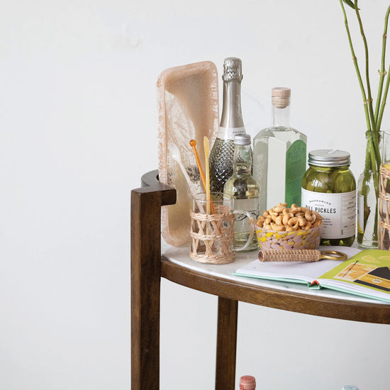 Mango Wood 2-Tier Bar Cart on Casters w/ Marble Shelves