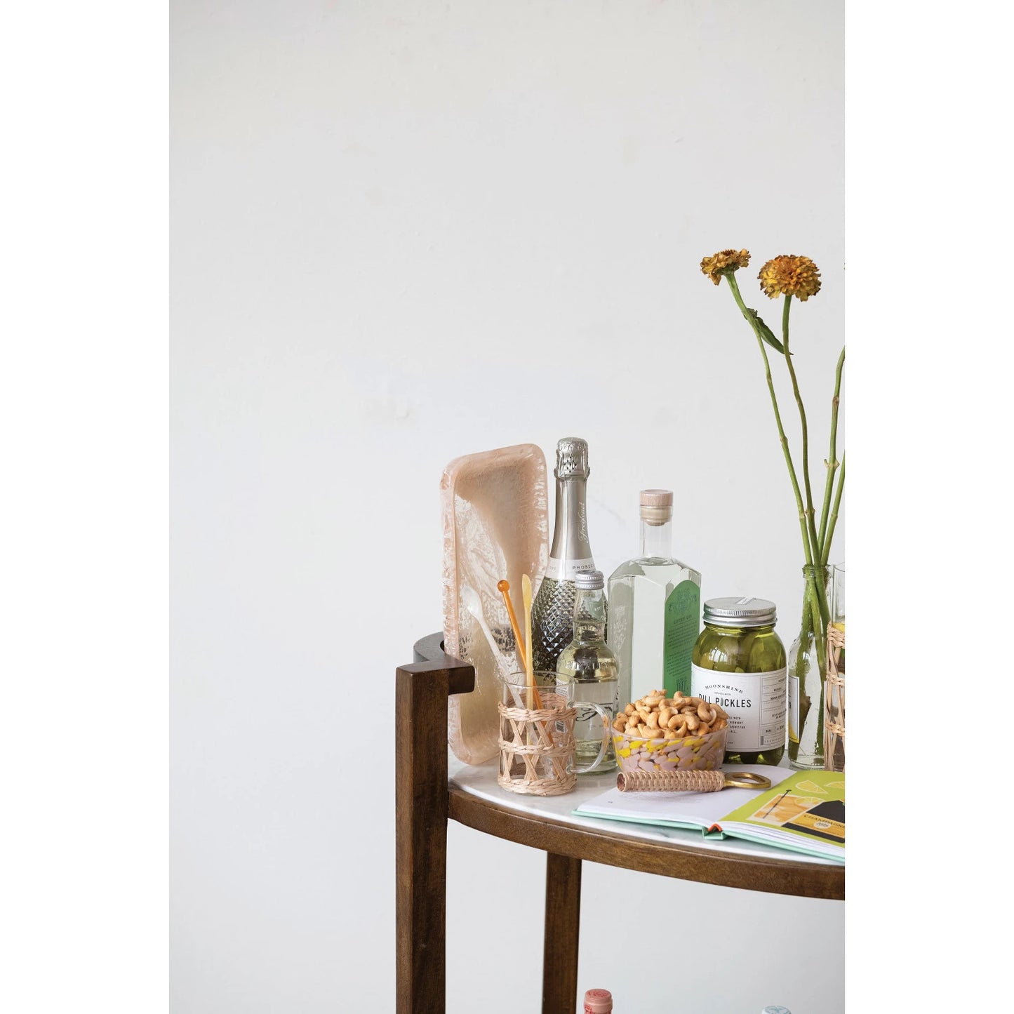 Mango Wood 2-Tier Bar Cart on Casters w/ Marble Shelves