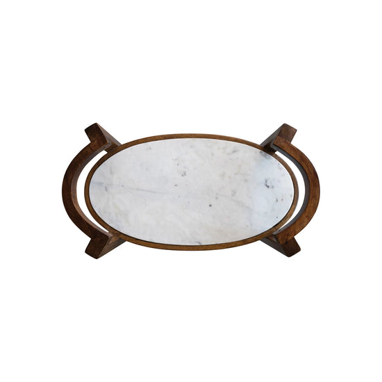 Mango Wood 2-Tier Bar Cart on Casters w/ Marble Shelves