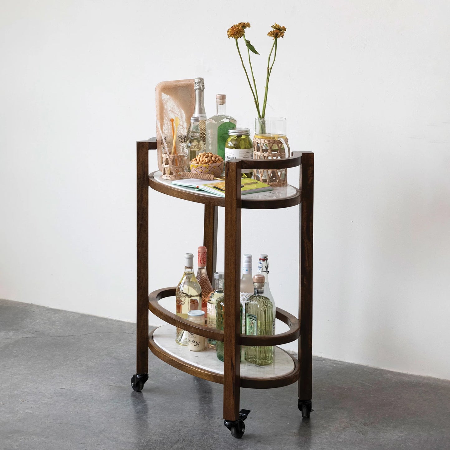 Mango Wood 2-Tier Bar Cart on Casters w/ Marble Shelves