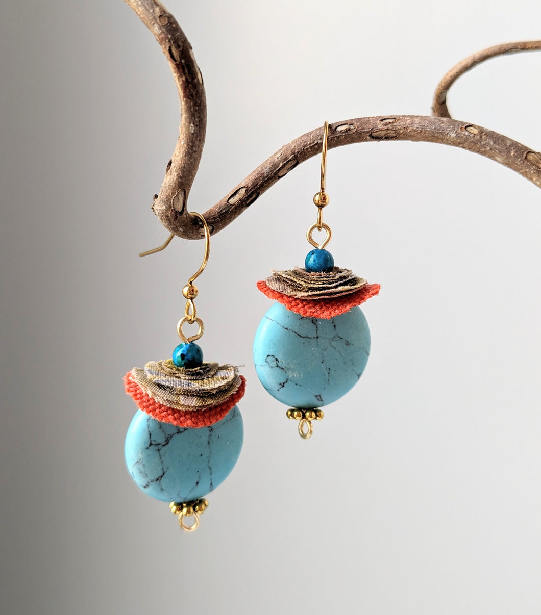 Turquoise Bead Upcycled Fabric Earrings