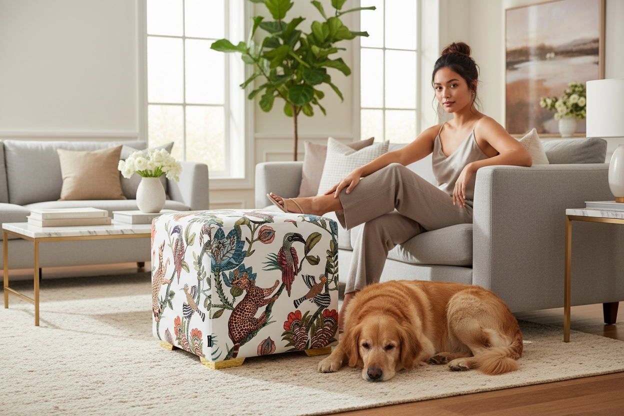 Camp Critters Linen Coral Cube Ottoman