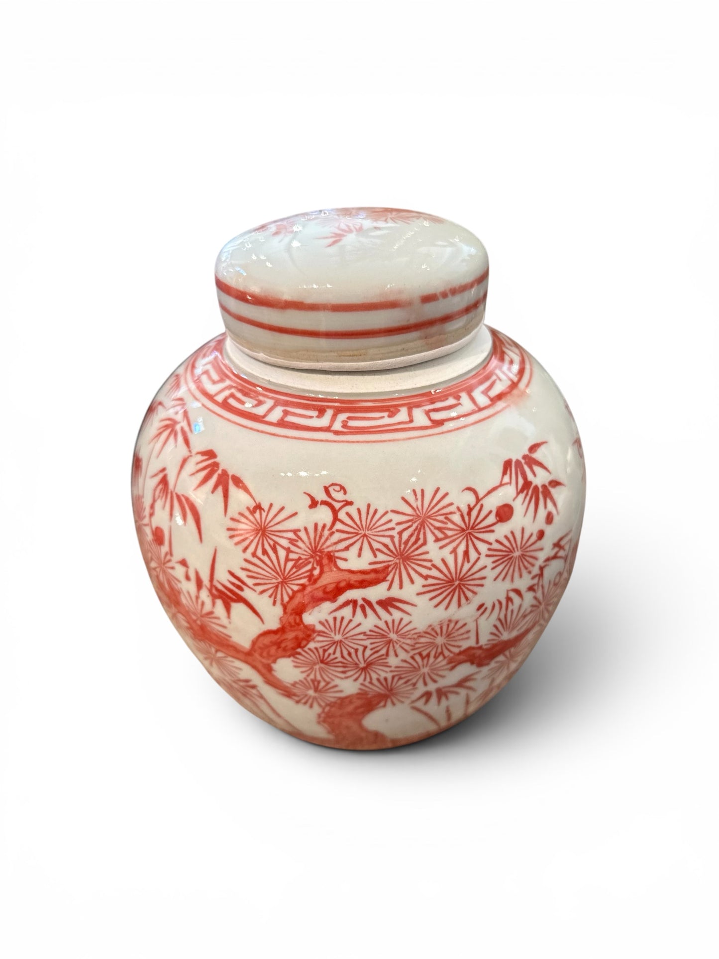 Coral Red Porcelain Mini Jar Pine Tree