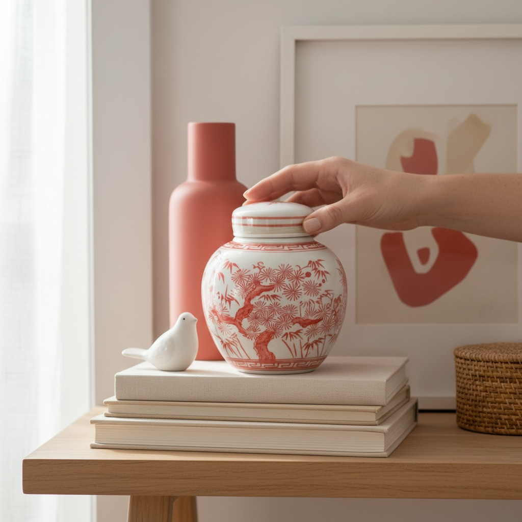 Coral Red Porcelain Mini Jar Pine Tree
