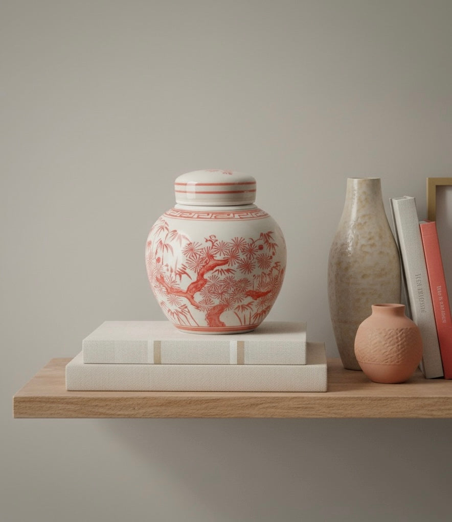 Coral Red Porcelain Mini Jar Pine Tree