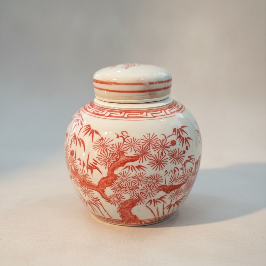 Coral Red Porcelain Mini Jar Pine Tree